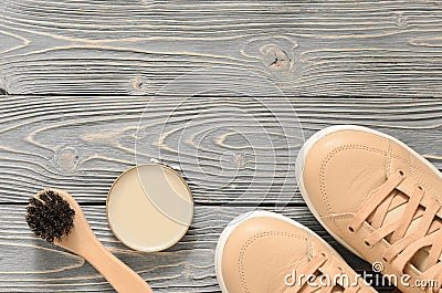 Shoe Care Kit horsehair buff brush, wax polish neutral cream o Stock Photo