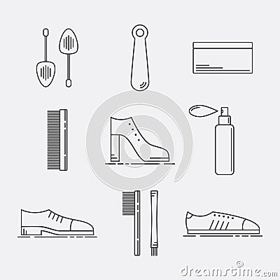 Shoe Care Products. Shoe Accessories Icons Set. Vector Illustration
