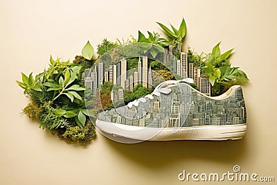 A shoe designed to reduce carbon emissions, featuring green elements and a city-wide focus on recycling for an improved ecological Stock Photo