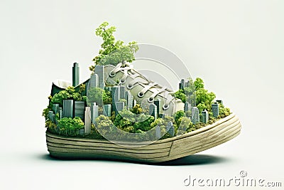 A shoe designed to reduce carbon emissions, featuring green elements and a city-wide focus on recycling for an improved ecological Stock Photo