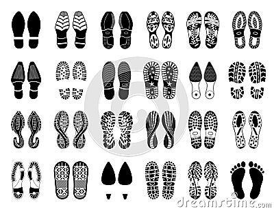 Shoe footprints, foot prints of sole and boot steps, vector silhouettes. Vector Illustration