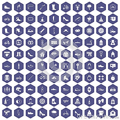 100 shoe icons hexagon purple Vector Illustration