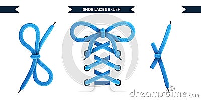 Shoe laces brush set isolated on a white background. Blue color. Realistic lace knots and bows. Modern simple design. Flat style Vector Illustration