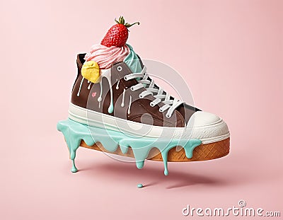 a shoe made entirely of ice cream, showcasing a delightful array of colors and textures - generated by ai Stock Photo