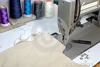 shoe maker work place with sewing leather Stock Photo