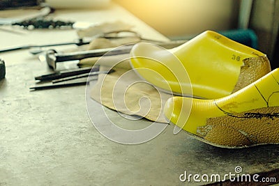 shoe maker work place with tool Stock Photo