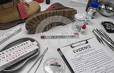 Shoe particle trace samples in crime lab, homicide investigation Stock Photo