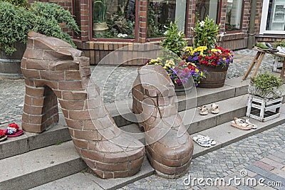 Shoe shop display Kropeliner Street Rostock Germany Stock Photo