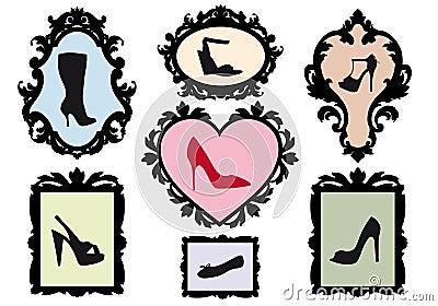 Shoe silhouettes in antique frames, set Stock Photo