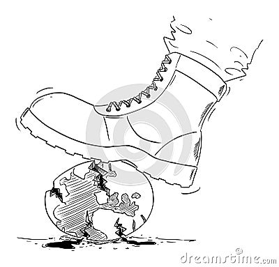 Boot of Soldier Crushing Planet Earth , Vector Cartoon Illustration Vector Illustration