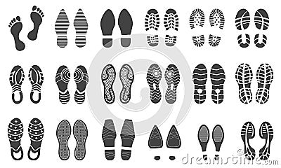 Shoe traces. Foot prints man boot sole, feet identity footprints sneaker or barefoot feet step mark shoeprint stamp in Vector Illustration