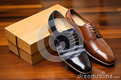 shoebox with mens polished loafers on hardwood floor Stock Photo