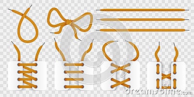 Shoelace tying. Realistic braided laces. Differently tied. Ways of lacing. Cross, parallel or zigzag threads join Vector Illustration