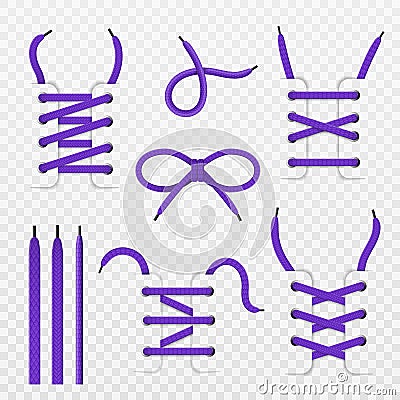 Shoelace tying. Realistic footwear lacing, purple tied knot, shoes details with knotted ropes, weaving ties various Vector Illustration