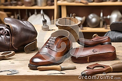 A shoemake or shoe repairman& x27;s work bench, . Generative AI Stock Photo