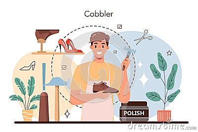 Shoemaker concept. Craftsman wearing an apron mending shoe Vector Illustration