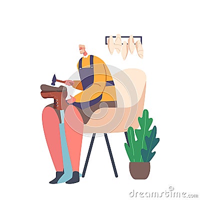 Shoemaker Nail Sole to Boot with Hammer. Cobbler Profession, Artisan Character Making or Repair Footwear Using Tools Vector Illustration