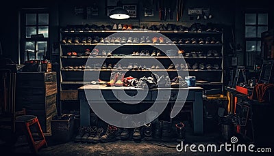 Shoemaker repairing leather shoes in small workshop generated by AI Stock Photo