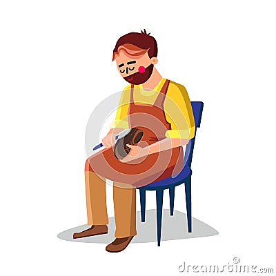 Shoemaker Repairing Shoe With Equipment Vector Vector Illustration