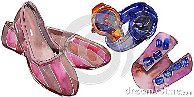 Shoes and accessories sketch fashion glamour illustration in a watercolor style isolated. Cartoon Illustration