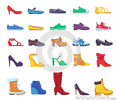 Shoes and boots. Summer and autumn fashion footwear for man or woman. Casual and formal leather shoe, sneakers and pumps Vector Illustration