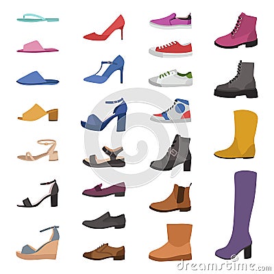 Shoes and boots. Various types footwear, mens, womens and childrens trendy casual, stylish elegant and formal shoes Vector Illustration