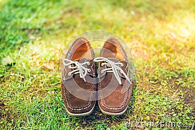 Shoes, elegant brown summer moccasins. Mens leather shoes, view from top, ready for catalog Stock Photo