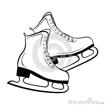 Shoes for figure skating. Black white illustration of ice skates. Winter sport. Linear art. Tattoo. Vector Illustration