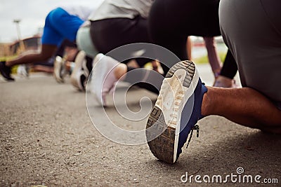 Shoes, fitness or people at the start of a marathon race with performance goals in workout or runners exercise. Back Stock Photo
