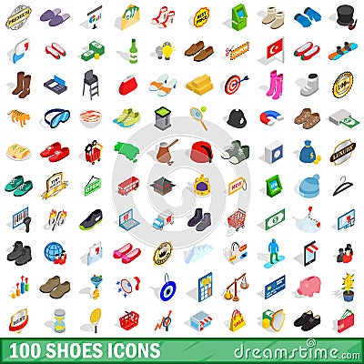 100 shoes icons set, isometric 3d style Vector Illustration
