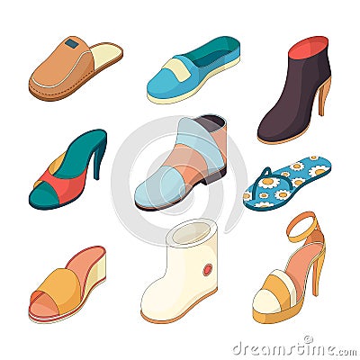 Shoes man woman. Casual clothes boots model slipper shoe from leather vector isometric illustrations Vector Illustration