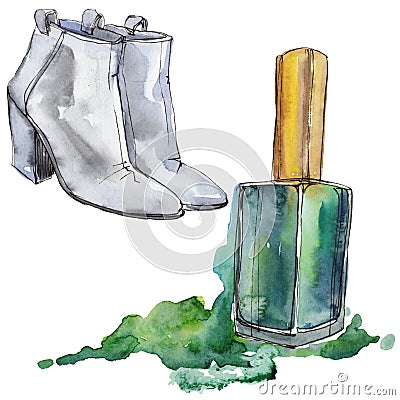 Shoes and nail polish sketch illustration in a watercolor style isolated element. Watercolour fashion background set. Cartoon Illustration