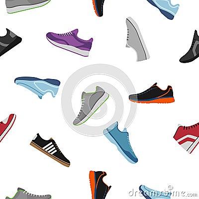 Shoes pattern on white background. Sportwear sneakers, everyday footwear clothing in flat style. High and low keds Vector Illustration