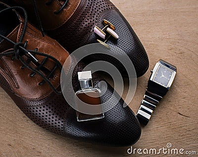 shoes, perfume and cufflinks Stock Photo