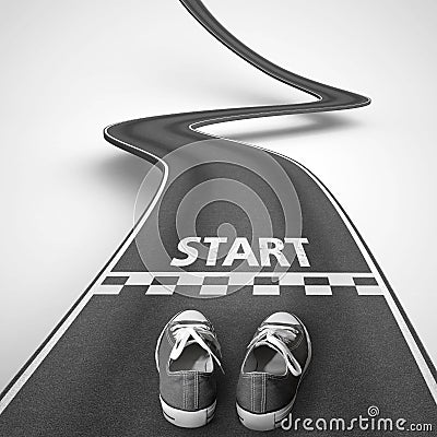 Shoes ready to start along a winding road. 3D Rendering Stock Photo