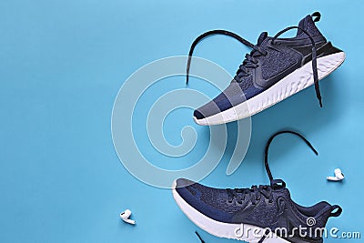 Shoes running Concept healthy lifestyle outfit, sport and diet. Top view, text space. Athlete`s set. Flat lay composition, male a Stock Photo