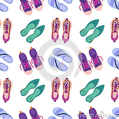 Shoes seamless pattern. Different types casual and sport footwear. Loafers and sandals top view. Fashionable sneakers Vector Illustration