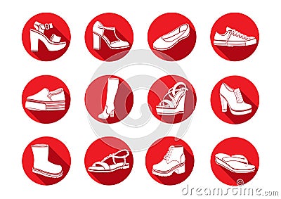 Shoes set of vector flat icons. White Icons sandals, boots, low shoe, ballet slippers, high boot, gumshoes, knee-high Vector Illustration