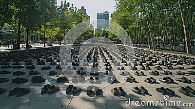 Shoes symbolize refugee struggles in a public square installation for awareness. World Refugee Day Stock Photo