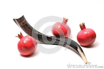 Shofar and pomegranates Stock Photo