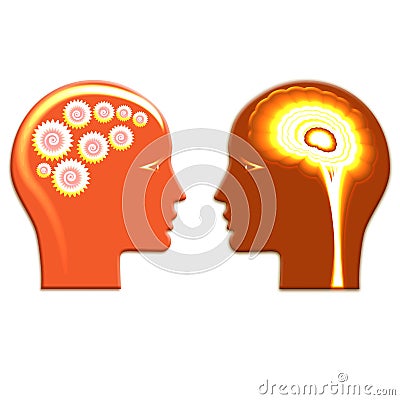 Shone Gears wheels and shone brain, concept rational and creative thinking heads of two people Stock Photo