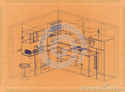 Kitchen Plan - Retro Blueprint Stock Photo