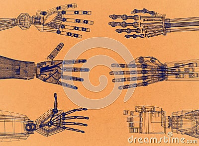 Robotic Arm - Hands Retro Architect Blueprint Stock Photo