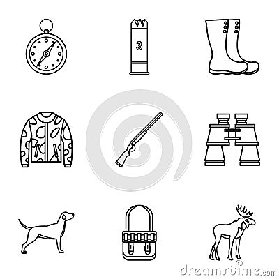 Shooting at animals icons set, outline style Vector Illustration