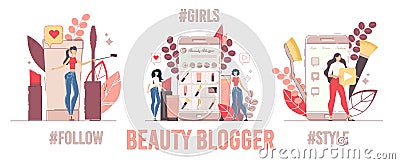 Shooting Beauty Review, Sharing Video Content Set Vector Illustration