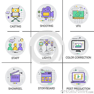 Shooting Camera Film Production Industry Icon Set Vector Illustration