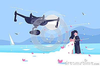 Shooting drone over wedding flat poster Vector Illustration