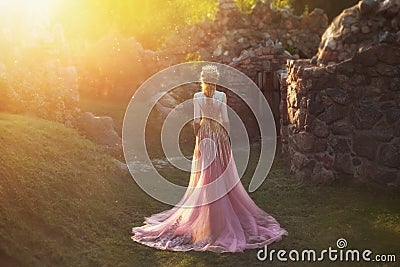 Shooting without a face, from the back. Wonderful princess with blond hair and a crown. is wearing an amazing light pink Stock Photo