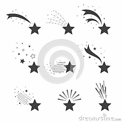 Shooting, falling stars icons. Icons of meteorites and comets. Falling stars with different tails Vector Illustration