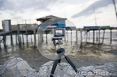 The camera display showing in viewfinder the fisherman hut Stock Photo